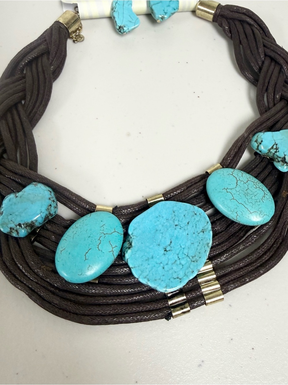 NEW Boutique Boho Brown Leather Multi-Strand Turquoise Stone Statement Necklace - Picture 4 of 6